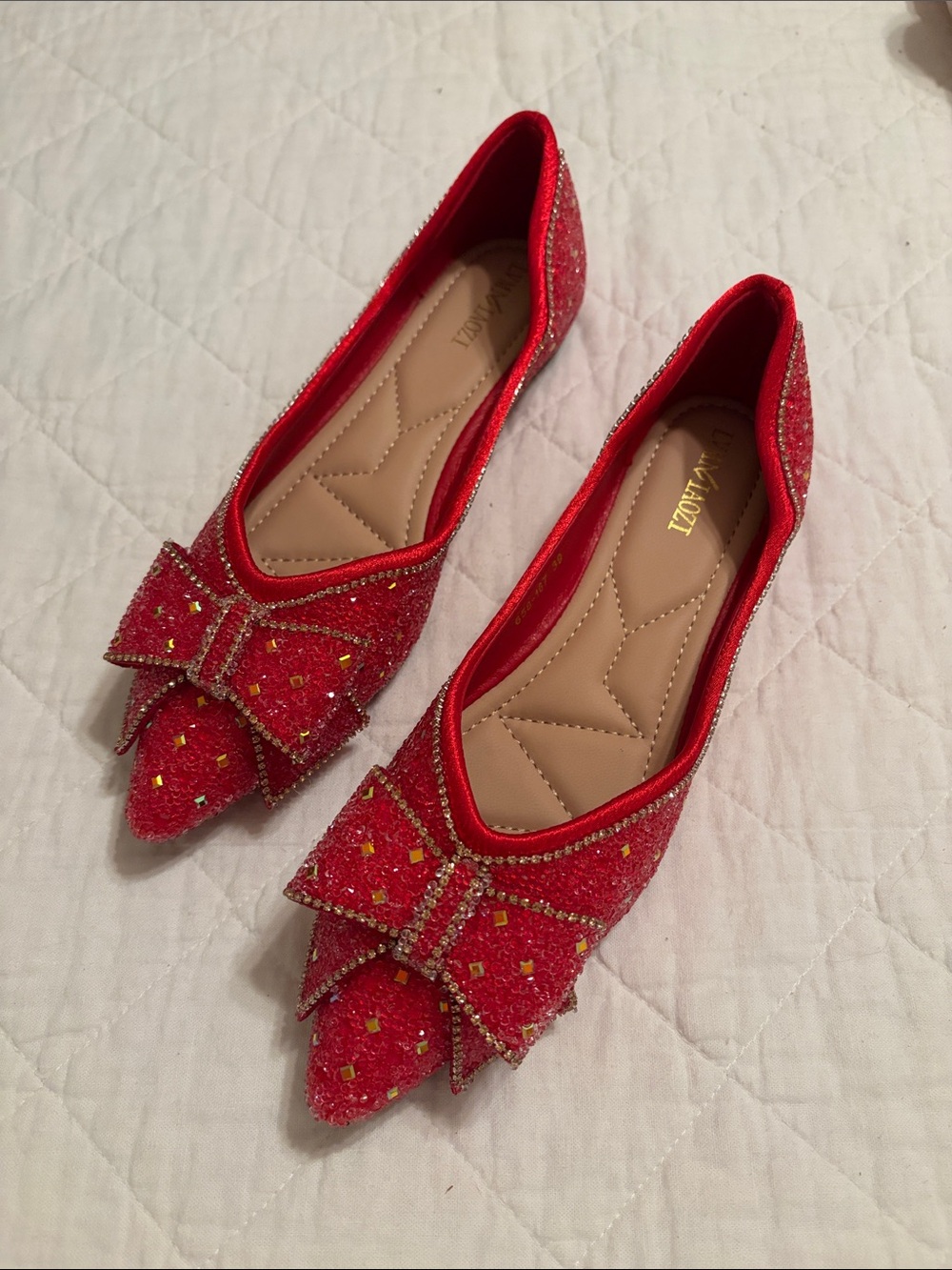 Embellished Red Pointed-Toe Bow Flats